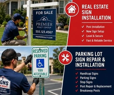 Real Estate and Parking Lot Signs Professional installation and repair of Real Estate and Parking Lot signs.